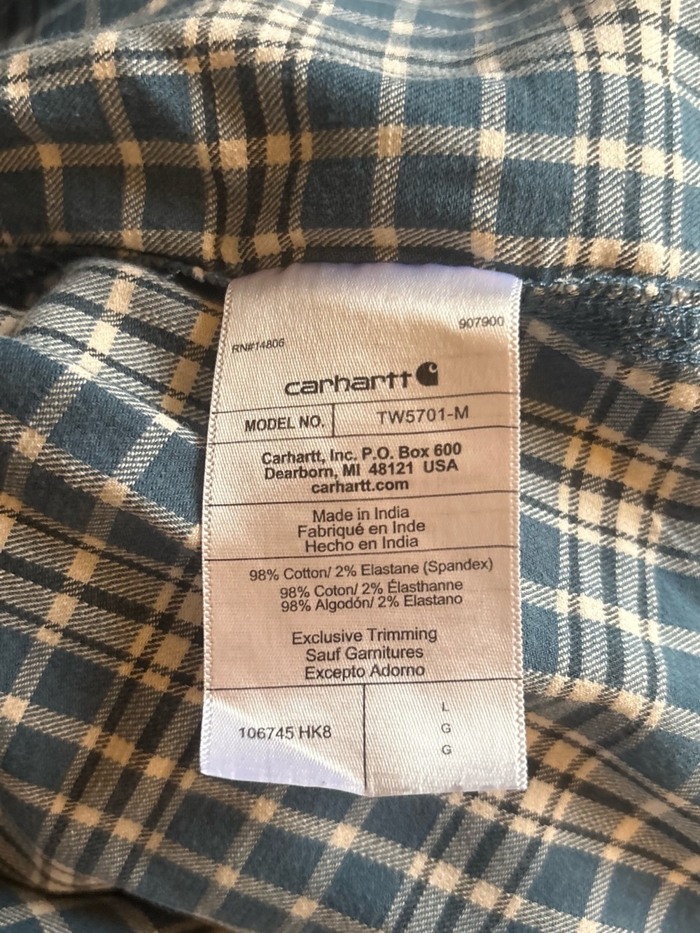 Carhartt Rugged Flex Blue Plaid Relaxed Fit Button Shirt Size L - Picture 7 of 7